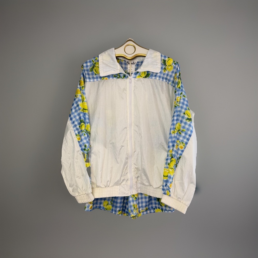 Vtg 90s Slade Nylon Windbreaker 2pc Outfit Lemon Blue Gingham Check Short Jacket